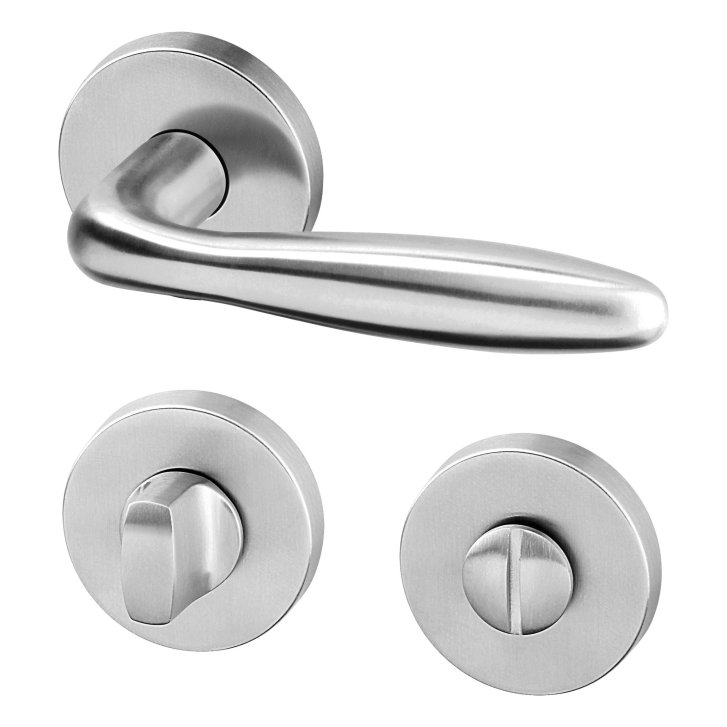 Nerezové stříbrné kliky na dveře Cina SBL na kulatých rozetách se zamykáním kličkou nerez