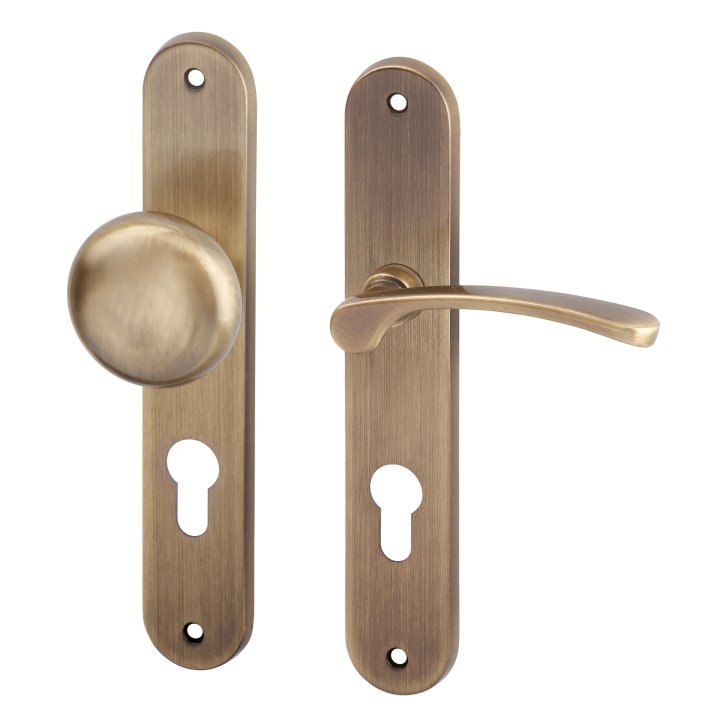 Kartáčované dveřní kování Jana s otvorem na zámkovou vložku fabku s roztečí 90mm klika-koule pro pravé dveře bronz