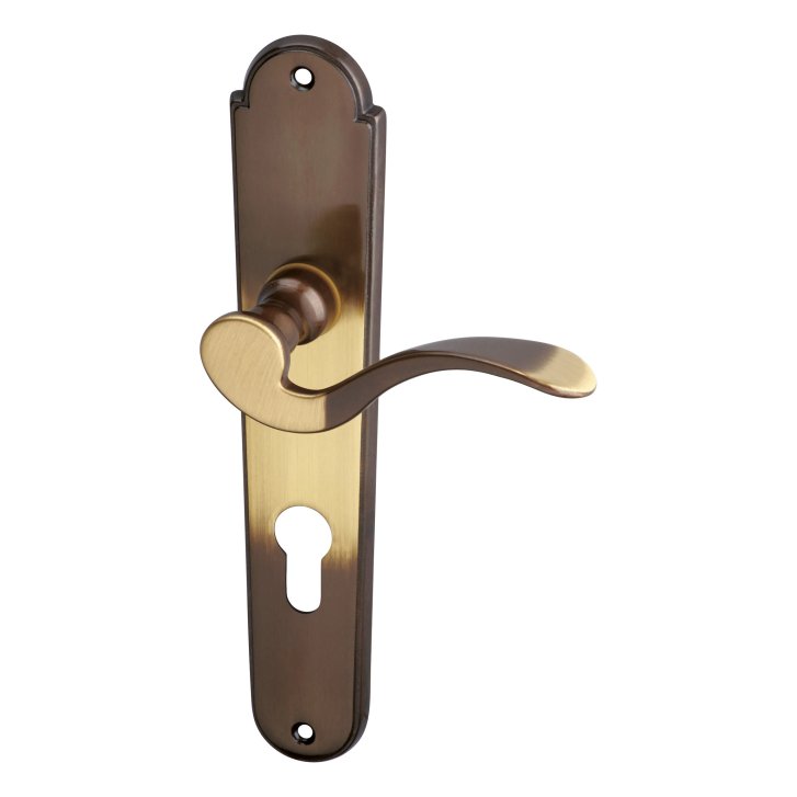 Starožitné dveřní kování Kampa s otvorem na zámkovou vložku fabku s roztečí 90mm bronz